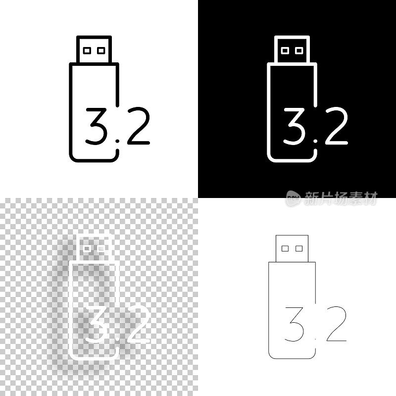 USB 3.2闪存盘。图标设计。空白，白色和黑色背景-线图标